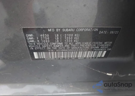 2022 Subaru Legacy Premium z USA, uszkodzony, nr VIN 4S3BWAD68N3028243